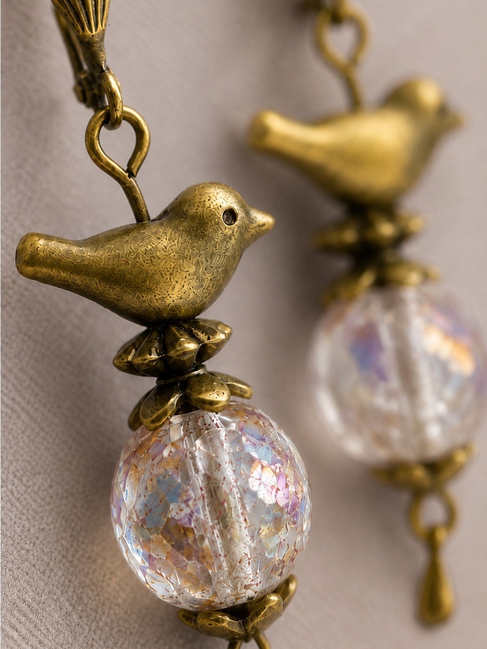 OOAK Czech Glass Bird Earrings, Antique Brass, Premium Leverbacks - Picture 5 of 9
